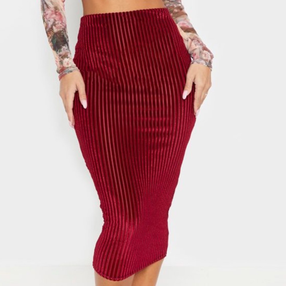 Burgundy Striped Velvet Midi Skirt
